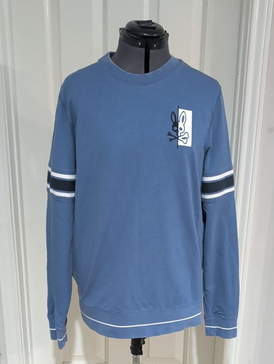 Psycho Bunny Crewneck Sweater in Dusty Blue w/ White & Navy Stripes Men's Medium
