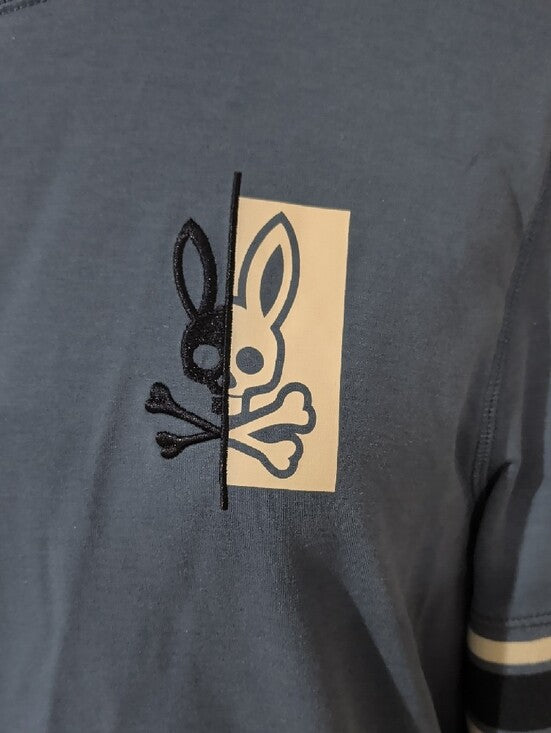 Psycho Bunny Crewneck Sweater in Dusty Blue w/ White & Navy Stripes Men's Medium