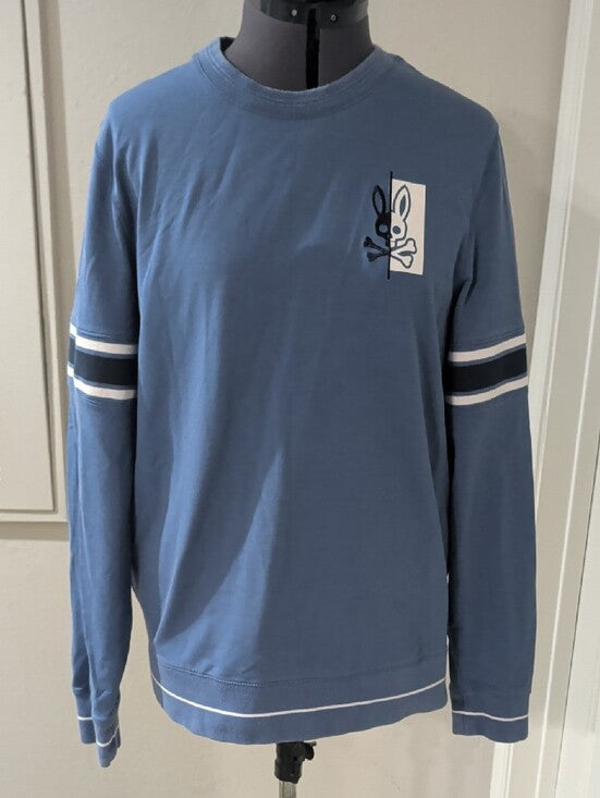 Psycho Bunny Crewneck Sweater in Dusty Blue w/ White & Navy Stripes Men's Medium