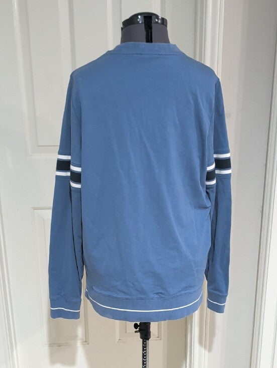 Psycho Bunny Crewneck Sweater in Dusty Blue w/ White & Navy Stripes Men's Medium