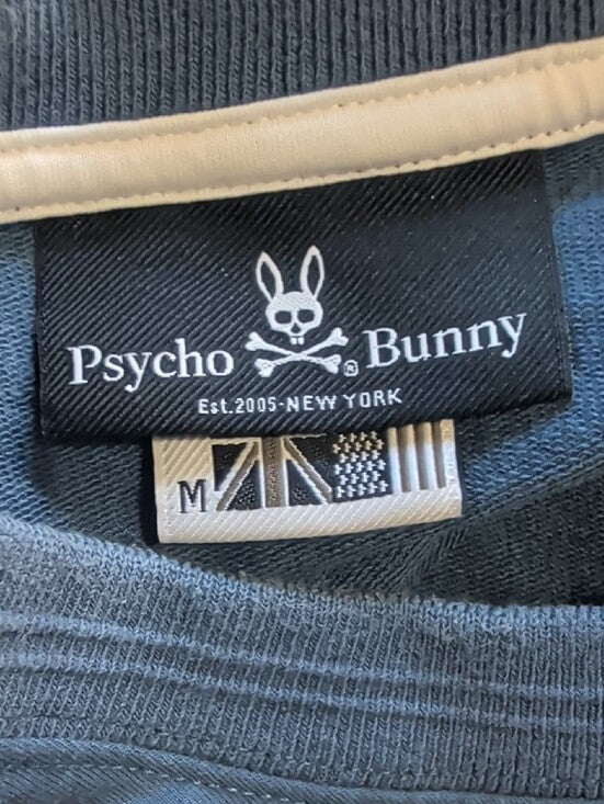 Psycho Bunny Crewneck Sweater in Dusty Blue w/ White & Navy Stripes Men's Medium