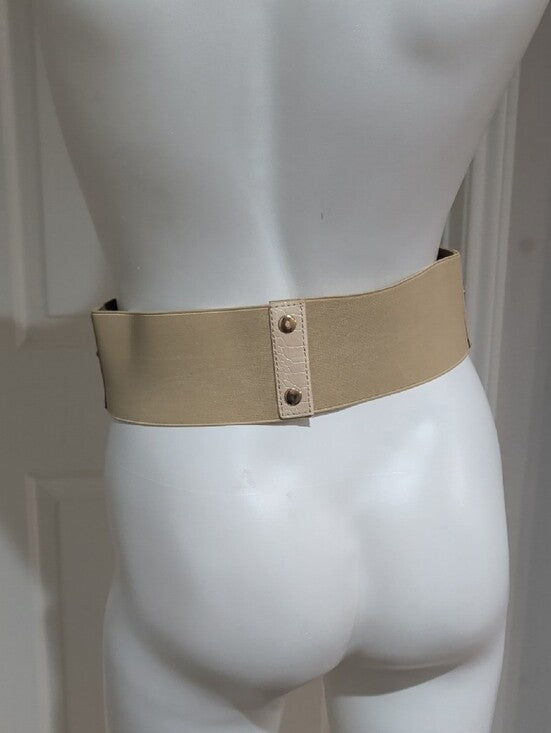 Retro bebe Wide beige studded waist belt with metallic chevron detail 29" y2k