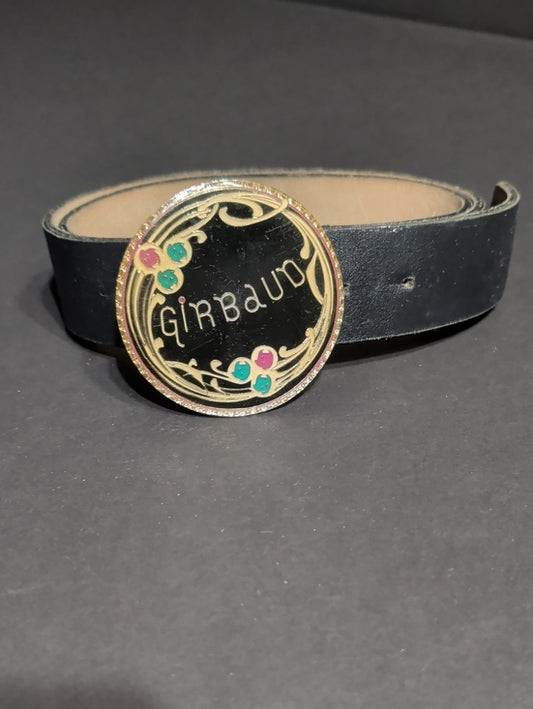 Vintage Marichi Francios Girbaud Black Leather Belt with Decorative Gold-Tone Round Buckle 38"