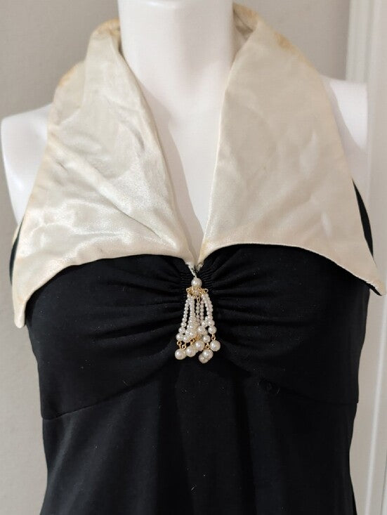 VTG Black Maxi Dress with Ivory Collar Accent and Brooch Detail Women's 16 US