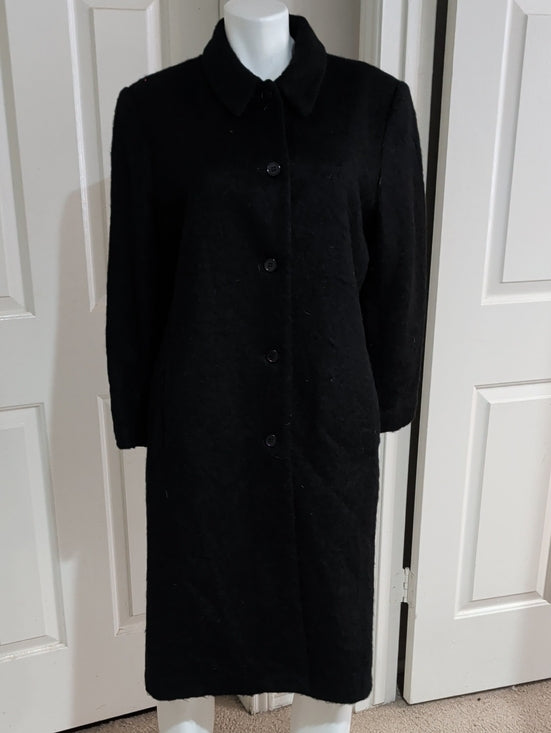 VTG Amanda Smith Classic Black Wool/Alpaca/Mohair Long Button-Front Trench Coat Women's M/L