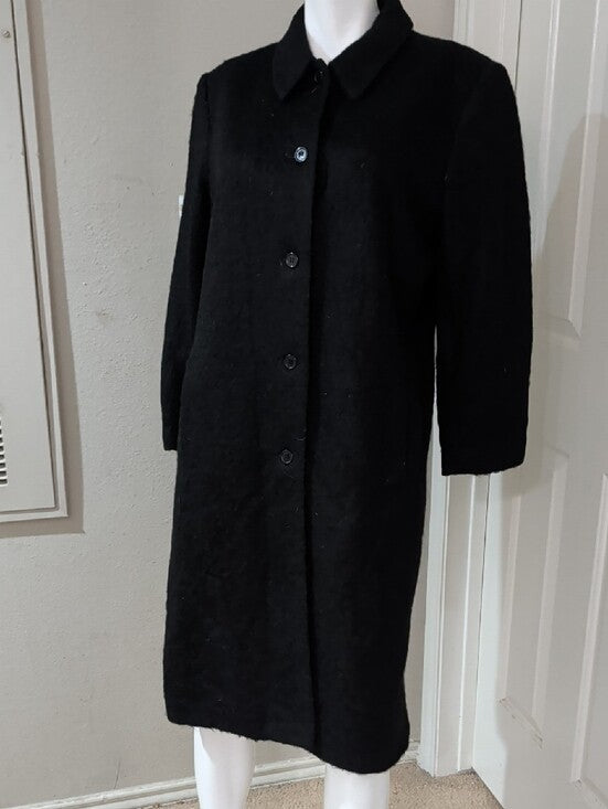 VTG Amanda Smith Classic Black Wool/Alpaca/Mohair Long Button-Front Trench Coat Women's M/L