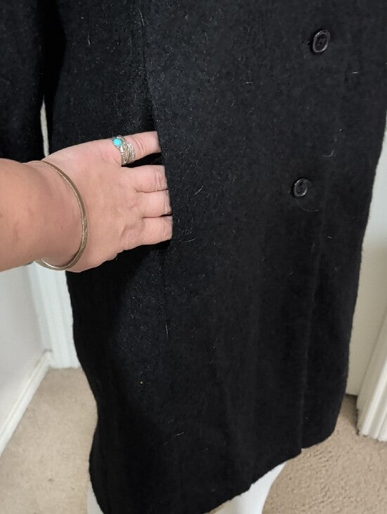 VTG Amanda Smith Classic Black Wool/Alpaca/Mohair Long Button-Front Trench Coat Women's M/L
