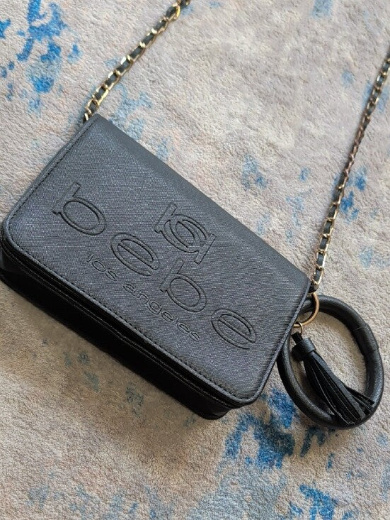 bebe Black Chain-Strap Crossbody with Tassel Ring