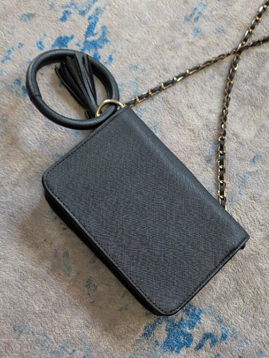bebe Black Chain-Strap Crossbody with Tassel Ring