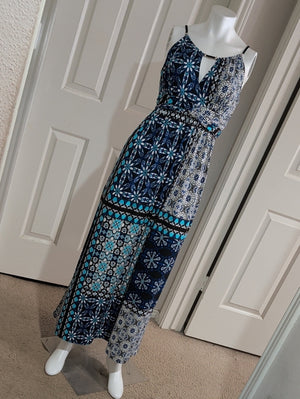 VTG Sheri Martin Navy & Turquoise Mosaic Print Spaghetti Strap Maxi Dress 6 US