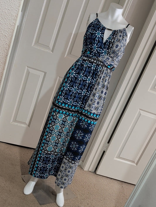 VTG Sheri Martin Navy & Turquoise Mosaic Print Spaghetti Strap Maxi Dress 6 US