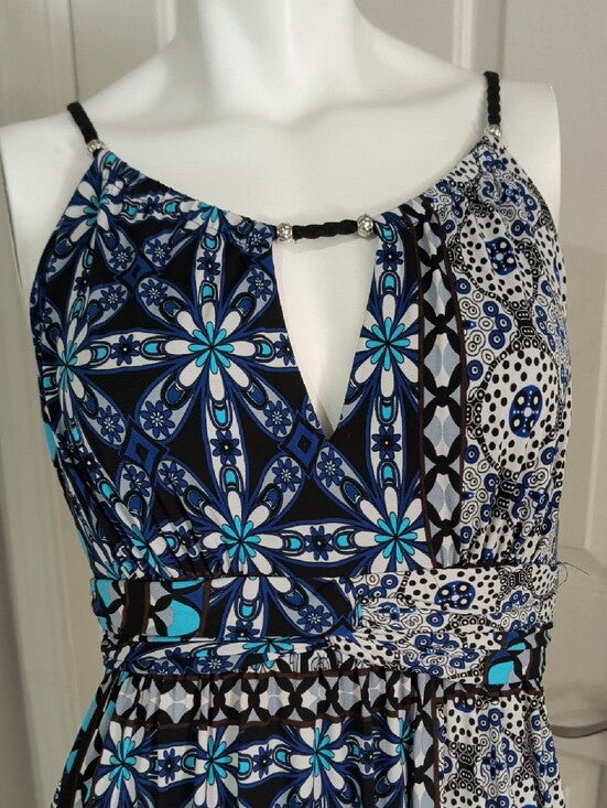 VTG Sheri Martin Navy & Turquoise Mosaic Print Spaghetti Strap Maxi Dress 6 US