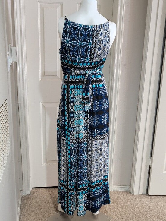 VTG Sheri Martin Navy & Turquoise Mosaic Print Spaghetti Strap Maxi Dress 6 US