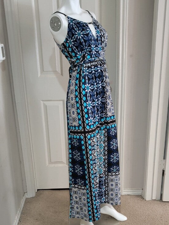 VTG Sheri Martin Navy & Turquoise Mosaic Print Spaghetti Strap Maxi Dress 6 US