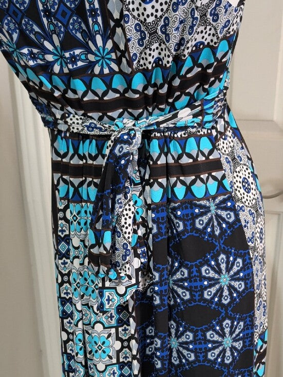 VTG Sheri Martin Navy & Turquoise Mosaic Print Spaghetti Strap Maxi Dress 6 US
