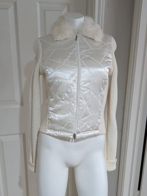y2k bebe Ivory Quilted Satin Puffer Jacket with Rabbit Fur Collar Women's Small 2003
