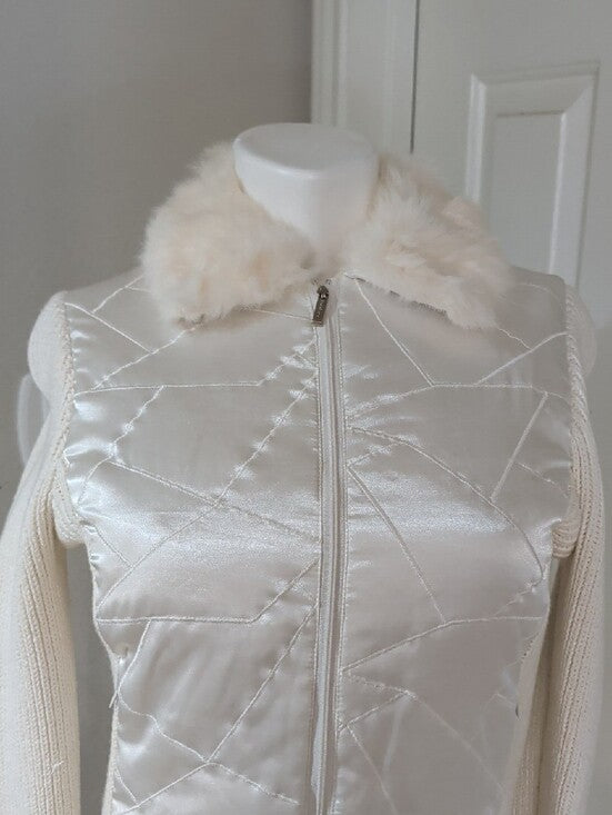 y2k bebe Ivory Quilted Satin Puffer Jacket with Rabbit Fur Collar Women's Small 2003