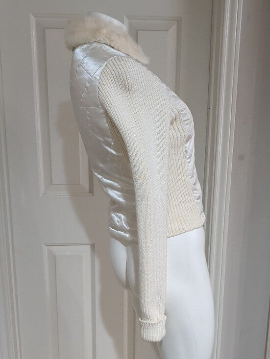 y2k bebe Ivory Quilted Satin Puffer Jacket with Rabbit Fur Collar Women's Small 2003