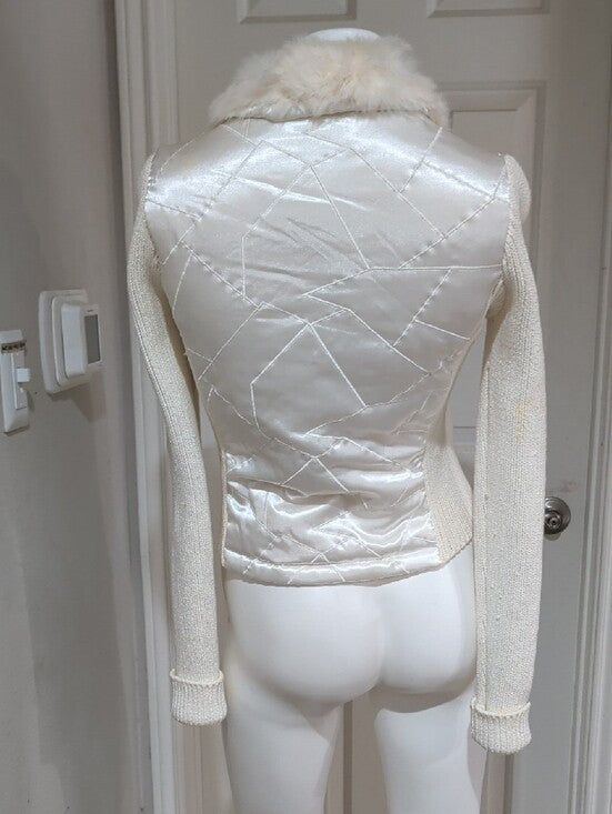y2k bebe Ivory Quilted Satin Puffer Jacket with Rabbit Fur Collar Women's Small 2003