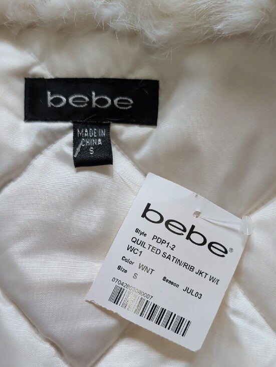 y2k bebe Ivory Quilted Satin Puffer Jacket with Rabbit Fur Collar Women's Small 2003
