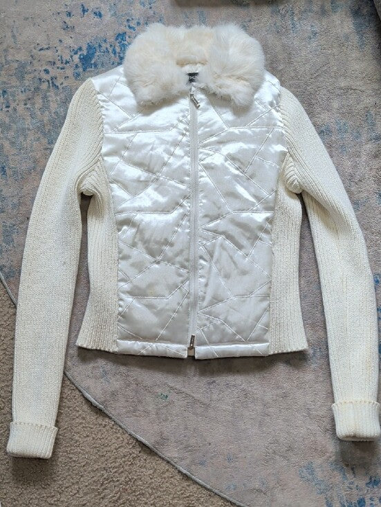 y2k bebe Ivory Quilted Satin Puffer Jacket with Rabbit Fur Collar Women's Small 2003