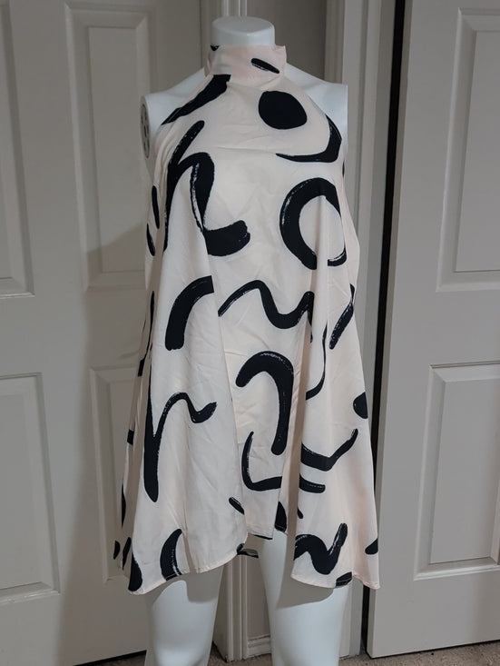 High-Neck Halter Sleeveless Mini Dress in White & Black Abstract Women's Medium
