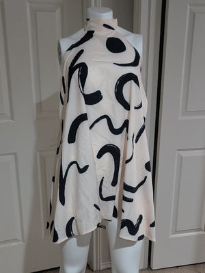 High-Neck Halter Sleeveless Mini Dress in White & Black Abstract Women's Medium