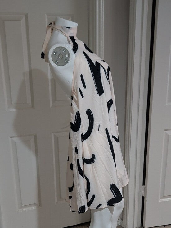 High-Neck Halter Sleeveless Mini Dress in White & Black Abstract Women's Medium