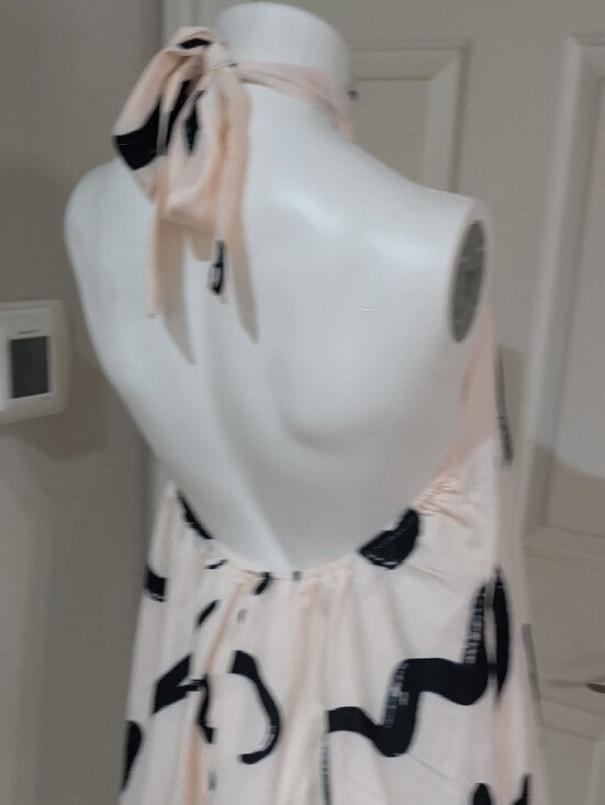 High-Neck Halter Sleeveless Mini Dress in White & Black Abstract Women's Medium