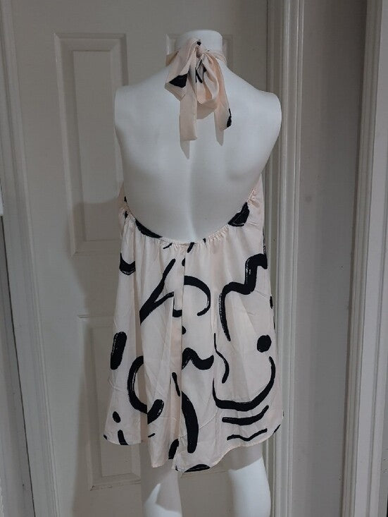 High-Neck Halter Sleeveless Mini Dress in White & Black Abstract Women's Medium