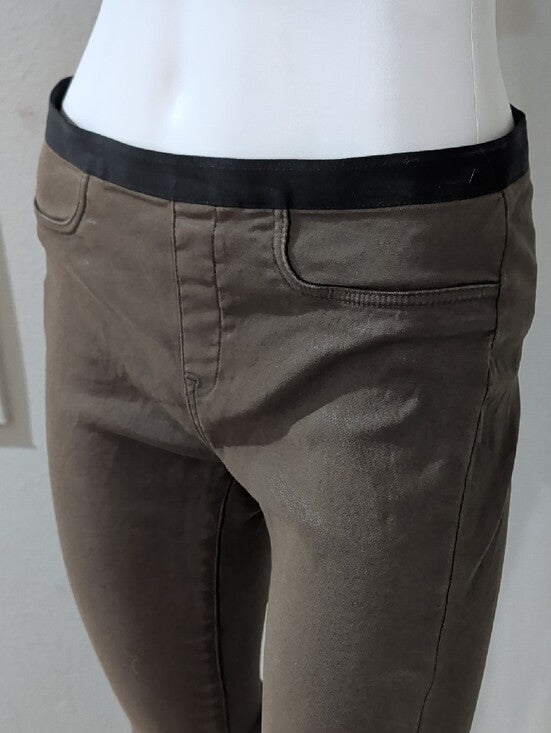 Helmut Lang Pull-On Elastic Waist Skinny Jeans in Metallic Olive Brown Women's 30 US