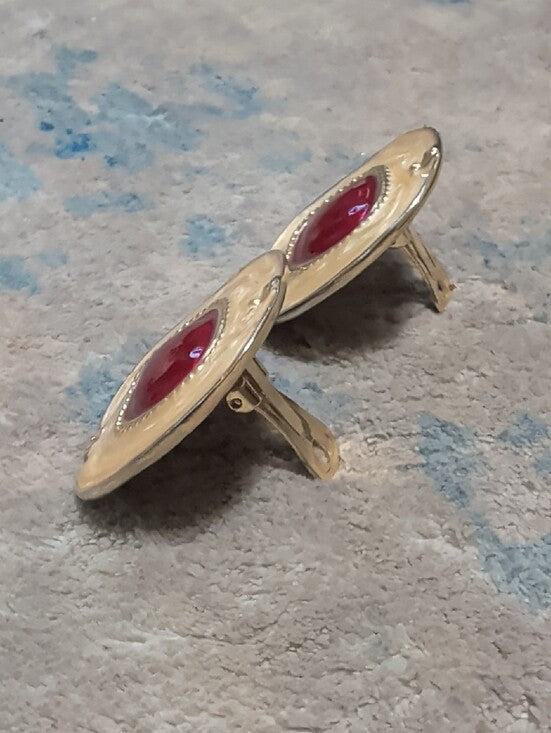 VTG Gold-Tone Clip-On Earrings with Red Gem Center Retro Costume Jewelry 1.5"