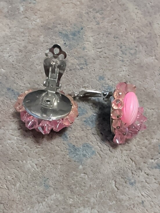 VTG Pink Crystal 1" Cluster Clip-On Earrings - Retro Costume Jewelry