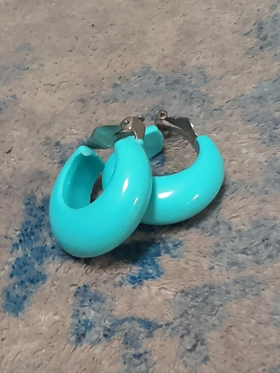 Retro Bright Turquoise 1" Hoop Earrings - Women's VTG Costume Jewelry