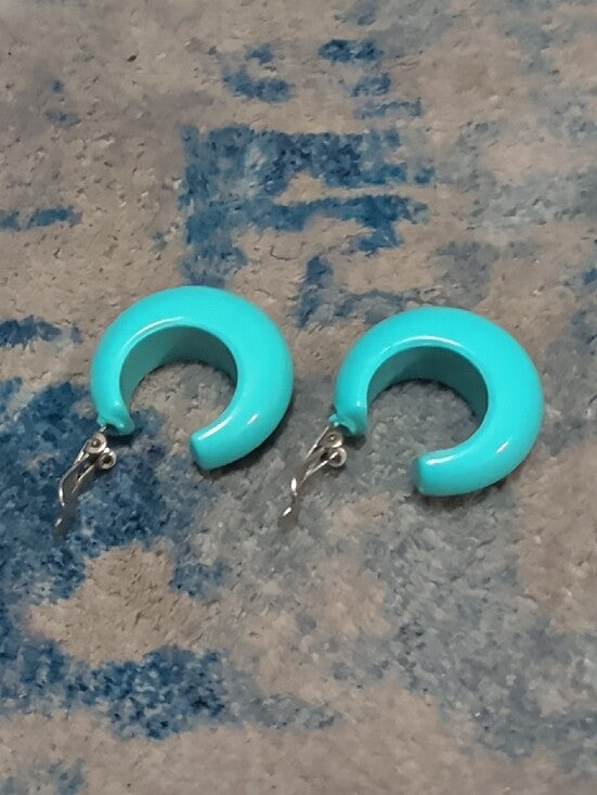 Retro Bright Turquoise 1" Hoop Earrings - Women's VTG Costume Jewelry