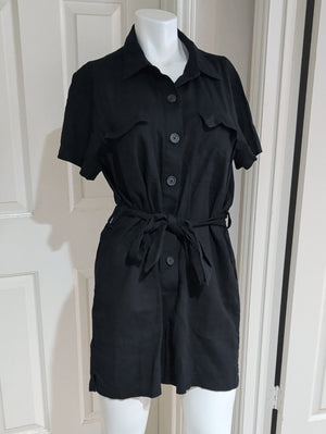 Matty M Black Short Sleeve Tie-Waist Linen Jumper Women's Large