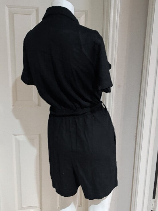 Matty M Black Short Sleeve Tie-Waist Linen Jumper Women's Large