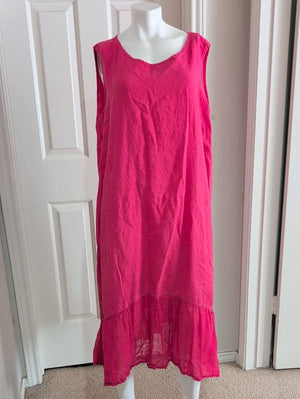 Vintage FLAX by Jeanne Engelhart 100% Linen Sleeveless Maxi Dress in Hot Pink Women's 1G