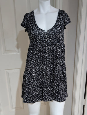 See You Monday Black Floral Short Sleeve V-Neck Babydoll Dress Women's XS