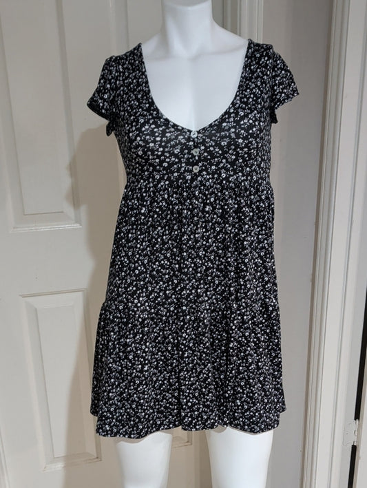 See You Monday Black Floral Short Sleeve V-Neck Babydoll Dress Women's XS