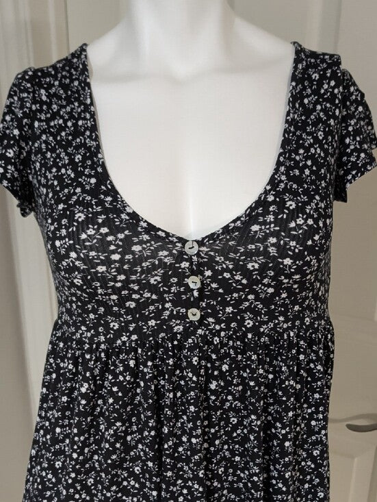 See You Monday Black Floral Short Sleeve V-Neck Babydoll Dress Women's XS