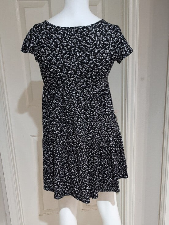 See You Monday Black Floral Short Sleeve V-Neck Babydoll Dress Women's XS