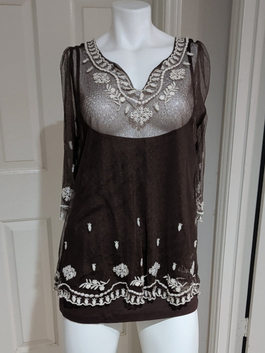 Sundance Brown Lace Blouse with White Embroidery Women's Large