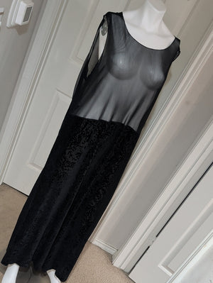 Vintage 90's J. Jill Sleeveless Mesh Sheer Bodice Velvet Burnout Black Maxi Dress Women's 3X