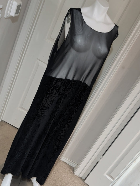 Vintage 90's J. Jill Sleeveless Mesh Sheer Bodice Velvet Burnout Black Maxi Dress Women's 3X