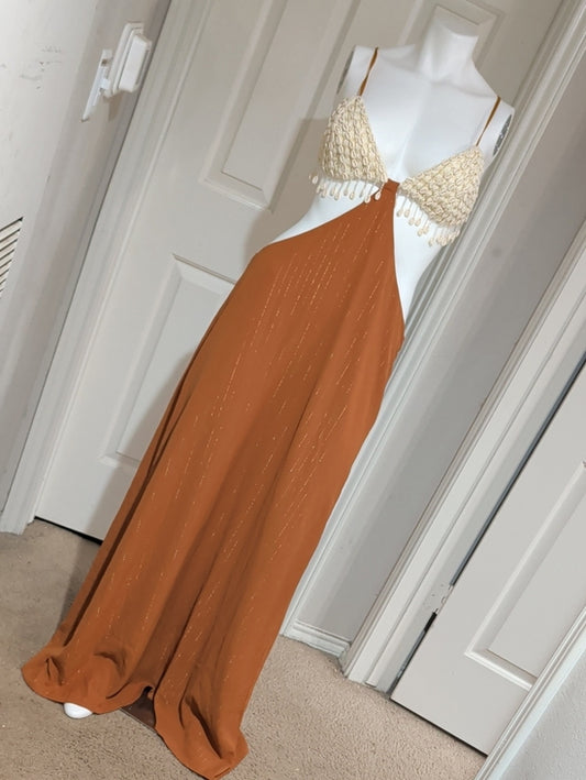 Fashion Nova Backless Maxi Dress w/ Crochet Bodice in Cream & Rust Women's Large