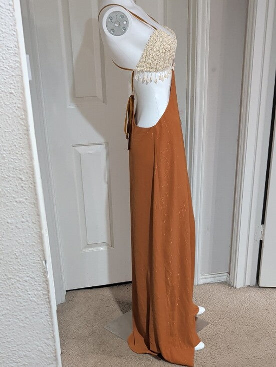Fashion Nova Backless Maxi Dress w/ Crochet Bodice in Cream & Rust Women's Large