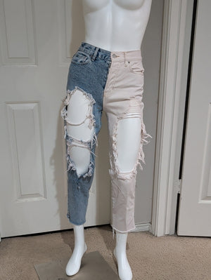 Pacsun Two-Tone Distressed Ankle Jeans in Blue and Cream Women's 24 US