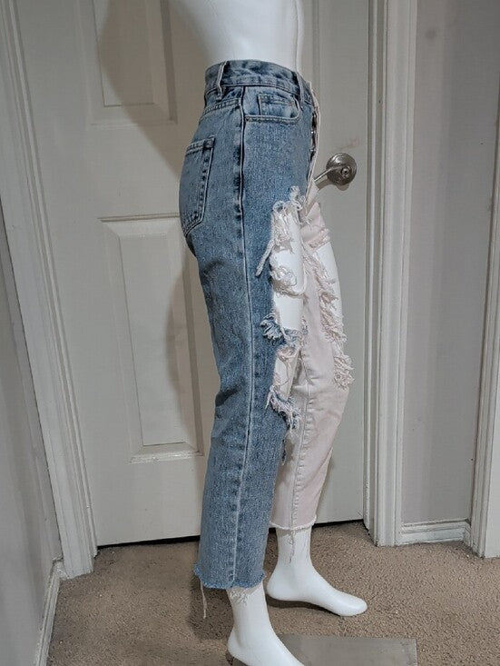Pacsun Two-Tone Distressed Ankle Jeans in Blue and Cream Women's 24 US