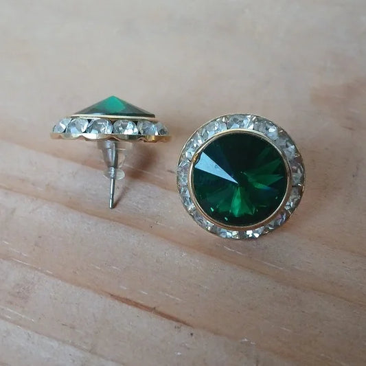 Vintage Emerald Green Rivoli Rhinestone Halo Round Gold Tone Earrings